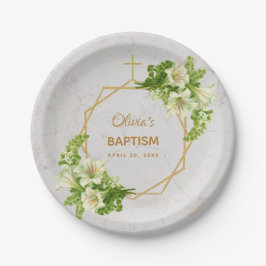 Prato De Papel Rapariga Baptism Floral Lírios Dourados Marble Geo