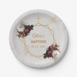 Prato De Papel Rapariga Baptism Peonies Marble Floral Dourado