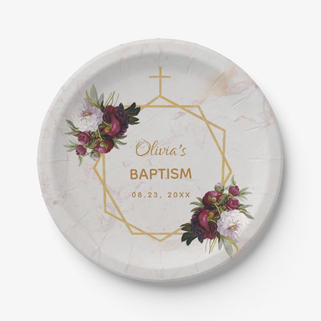 Prato De Papel Rapariga Baptism Peonies Marble Floral Dourado (Frente)