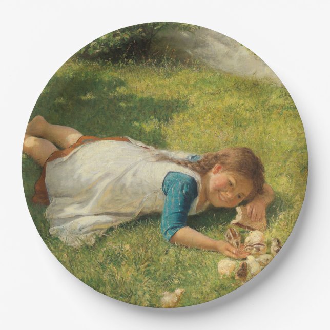 Prato De Papel Rapariga Brincando com Pintinhos (Galinha e Galinh (Frente)