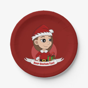 Prato De Papel Rapariga de Natal com cabelo castanho longo