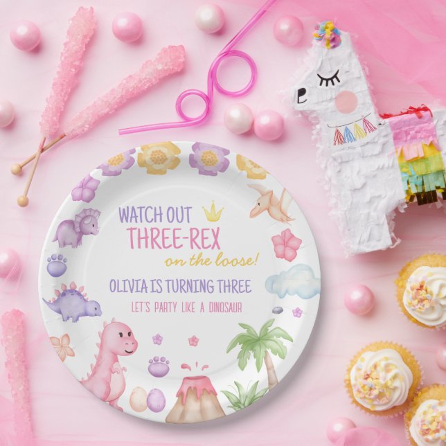 Prato De Papel Rapariga Dinossauro Aniversário (Festa)
