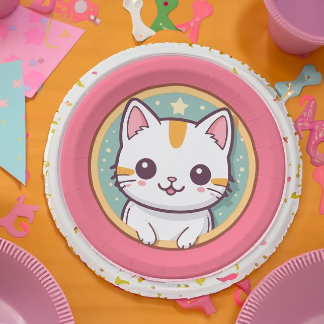 Prato De Papel Rapariga Que Adora Festa de aniversário De Gatinho (Criador carregado)