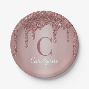 Prato De Papel Rapariga Rosa Dourada Glitter Gota Monograma Anive