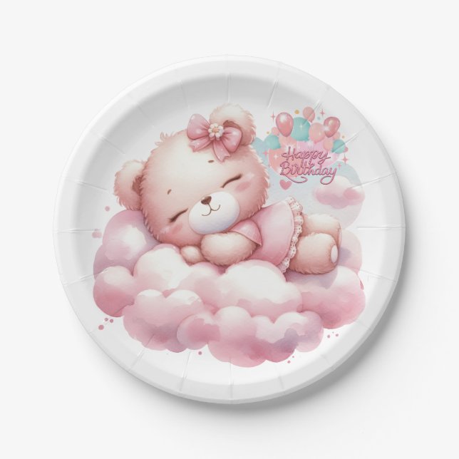 Prato De Papel Rapariga Rosa Rainbow Star Aniversário (Frente)