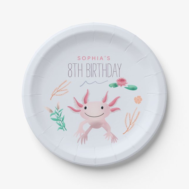 Prato De Papel Raparigas Cute Pink Kawaii Axolotl Aniversário (Frente)