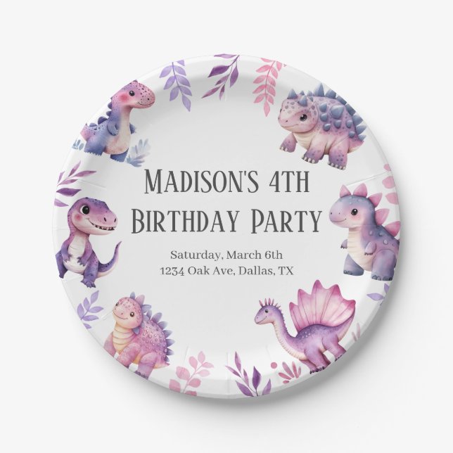 Prato De Papel Raparigas Dinossauras Bonitas Pareciam Festa de an (Frente)
