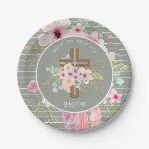 Prato De Papel Raparigas Floral Cross Bautizo Baptism Flor Rosa