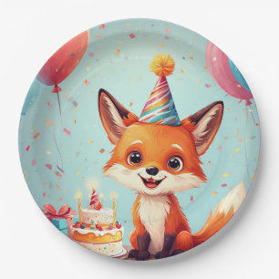 Prato De Papel Raposa Adorável Celebrando um Aniversário Alegre
