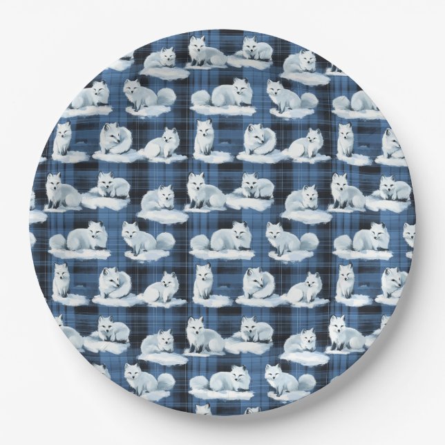 Prato De Papel Raposa Árctica Padrões de Xadrez de Tartan no inve (Frente)