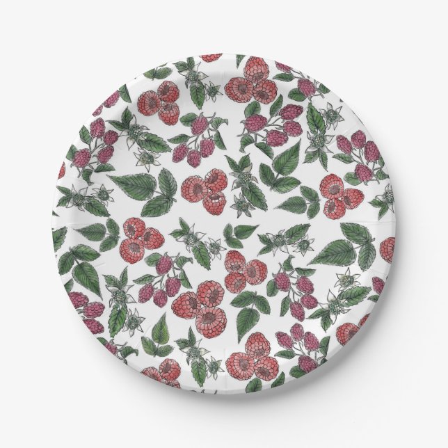 Prato De Papel Raspberry Fruit Leaves Illustration Pattern (Frente)