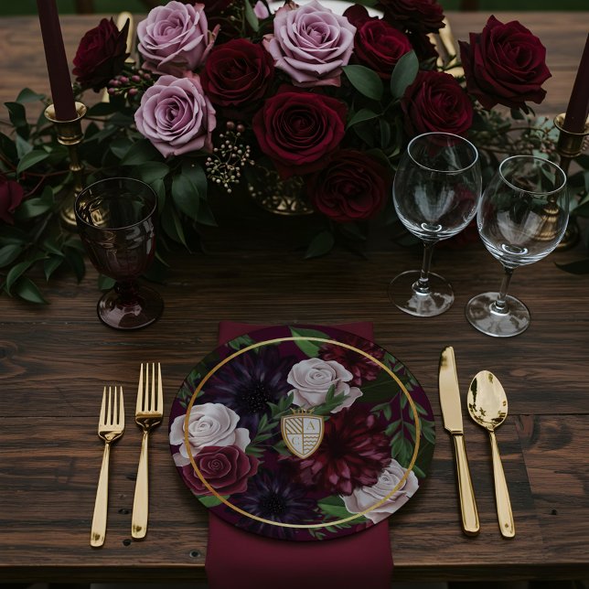 Prato De Papel Real Muse Medieval Fantasy Crest & Floral Weding (Royal Muse Medieval Fantasy Crest & Floral Wedding Paper Plates)