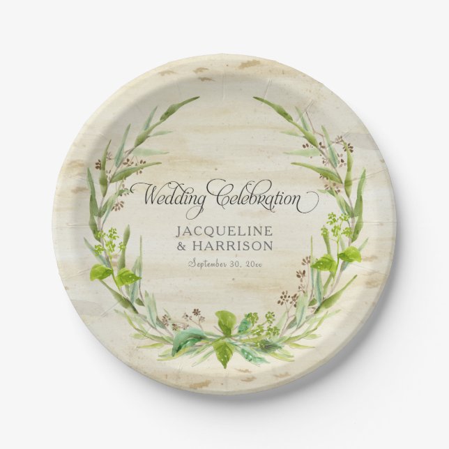 Prato De Papel Recepção BoHO Wreath Leaf Birch Wood Fall Rustic (Frente)