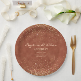 Prato De Papel Recepção de Casamento com Brilho Dourado Terracota