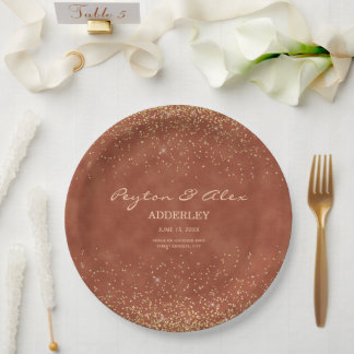 Prato De Papel Recepção de Casamento com Brilho Dourado Terracota