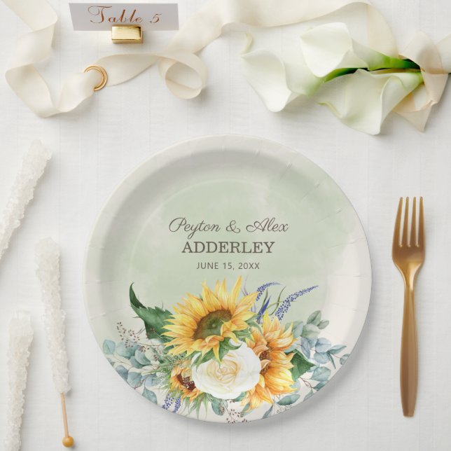 Prato De Papel Recepção de Casamento com Girassóis e Folhas de Eu (Casamento)