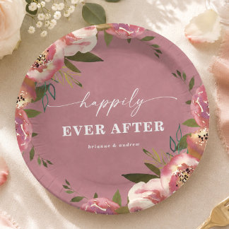 Prato De Papel Recepção de Casamento Floral Rosa Chic em Flor
