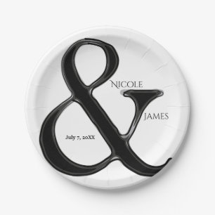 Prato De Papel Recepção de Casamento Preto e Branco com Ampersand