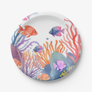 Prato De Papel Recife de Coral Peixes Coloridos à Aguarela Ocea