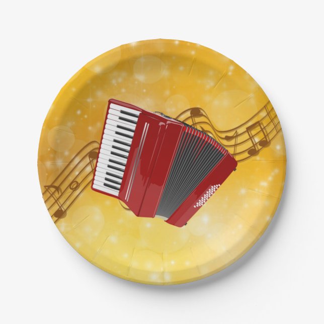 Prato De Papel Red Accordion, Notas Musicais em Dourado Fundo (Frente)