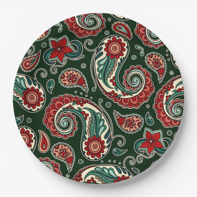 Prato De Papel Red and Green Paisley Paper Plates (Frente)