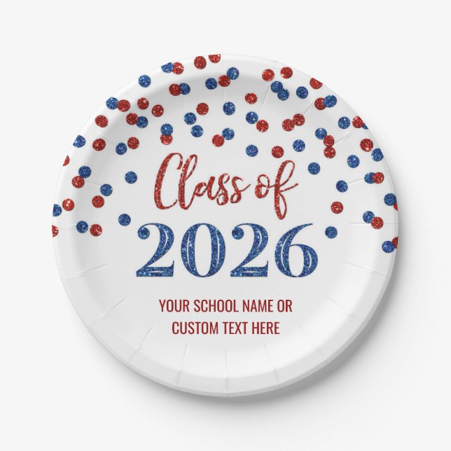 Prato De Papel Red Blue Confetti Graduation 2026 (Frente)