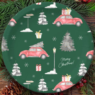 Prato De Papel Red Car Winter Patterry Felry Christmas Green