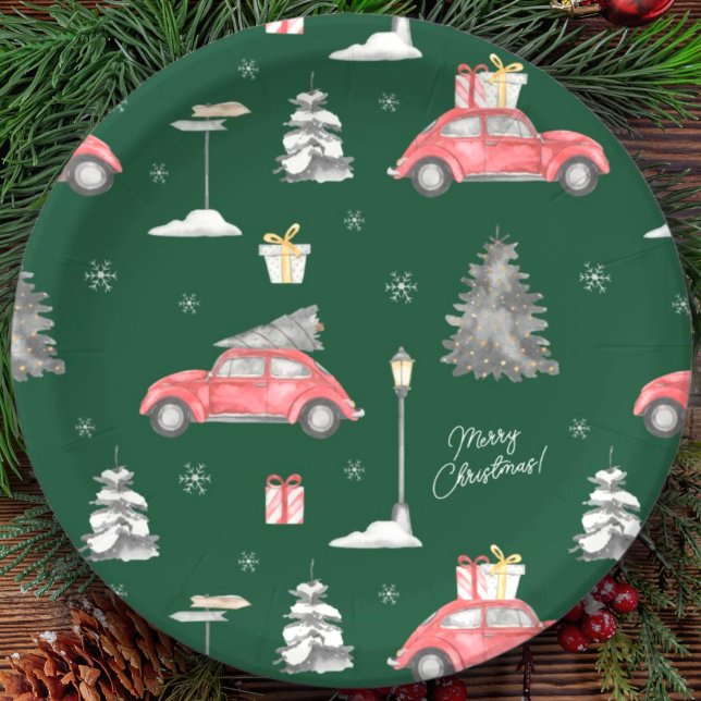 Prato De Papel Red Car Winter Patterry Felry Christmas Green (Criador carregado)