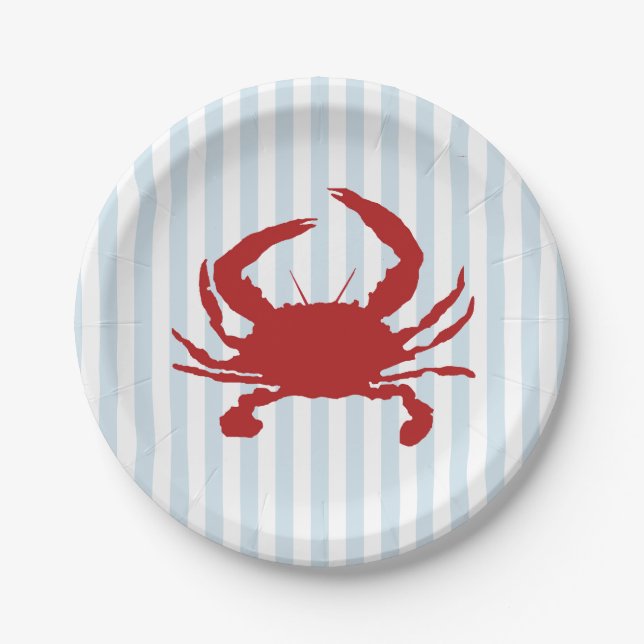 Prato De Papel Red Crab Painting Nautical Stripe Paper Plates (Frente)