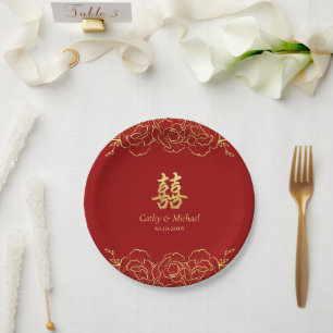 Prato De Papel Red gold floral border chinese casamento duplo xi