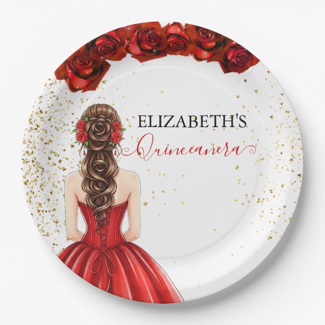 Prato De Papel Red & Gold Quinceañera Custom Paper Plate (Frente)