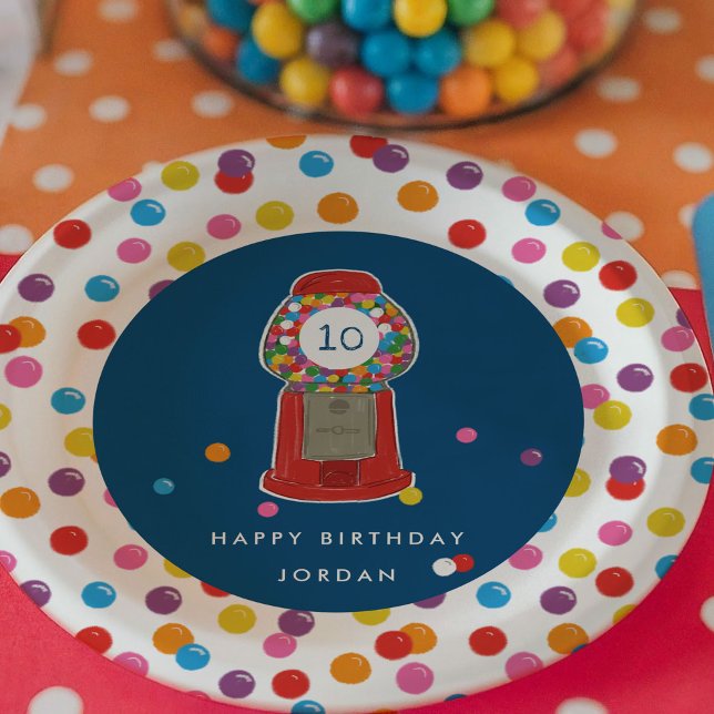 Prato De Papel Red Gumball Machine Candy Bubble Gum Aniversário (Retro gumball machine birthday party with colorful gumball candy personalized paper plates.)