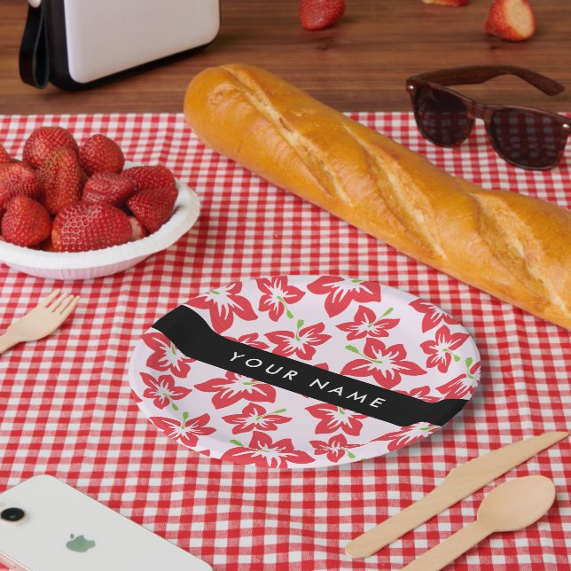 Prato De Papel Red Hibiscus, Flores Vermelhas, Seu Nome (Piquenique)