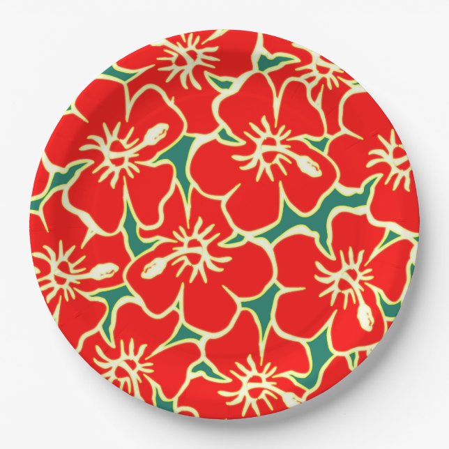 Prato De Papel Red Hibiscus Flowers Tropical Havaiana Luau (Frente)