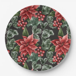 Prato De Papel Red Holly Berries Poinsettia Greenery Natal