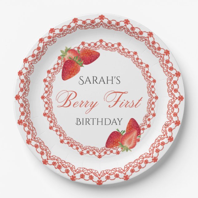 Prato De Papel Red Lace Berry First Birthday (Frente)