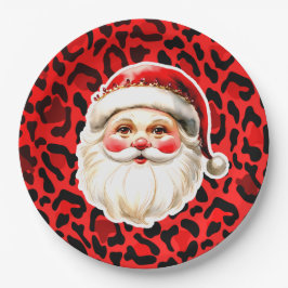Prato De Papel Red Leopardo Imprime Retro Papai Noel Natal