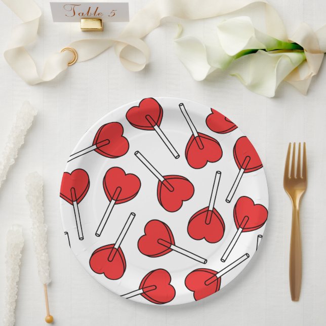 Prato De Papel Red Lollipops, Heart Lollipops, Lollipop Pattern (Casamento)