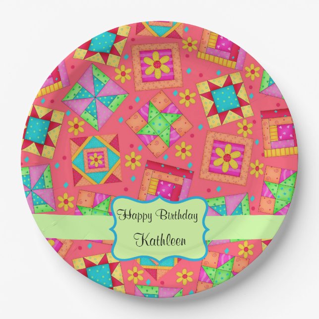 Prato De Papel Red Patchwork Quilt Block Name Happy Birthday (Frente)