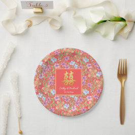 Prato De Papel Red Peranakan floral duplo xi casamento chinês
