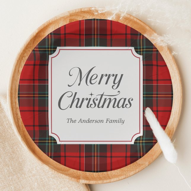 Prato De Papel Red Plaid Merry Christmas Round (Red Plaid Modern Merry Christmas Holiday Paper Plate)