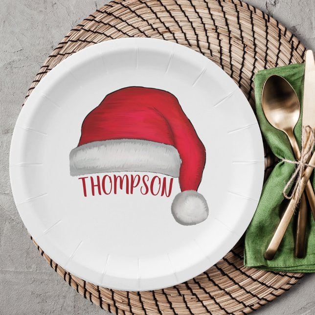 Prato De Papel Red Simple Traditional Christmas Santa Hat (Christmas holiday custom paper plate with whimsy Santa Hat.)