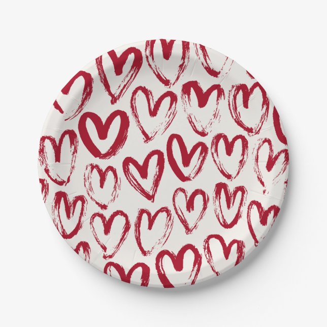 Prato De Papel Red Sketch Heart Patterns Hand-Drawn Doodle-Style (Frente)