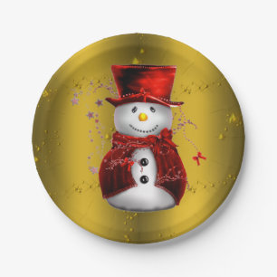 Prato De Papel Red Snowman no Dourado Natal