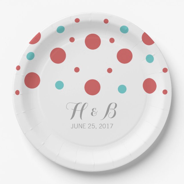 Prato De Papel Red Teal Confetti - Placas De Casamento (Frente)