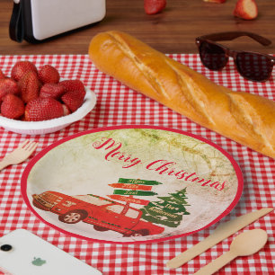 Prato De Papel Red Truck Elegante Rustic Vintage Feliz Natal