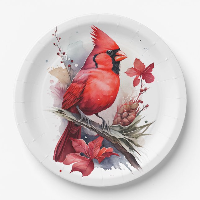 Prato De Papel Red Watercolor Winter Cardinal (Frente)