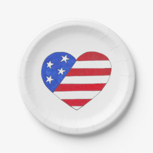 Prato De Papel Red White Blue Patriotic USA Flag Heart 4 de julho