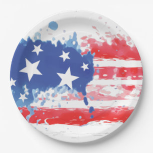 Prato De Papel Red White e Blue Paint Splatter American Flag
