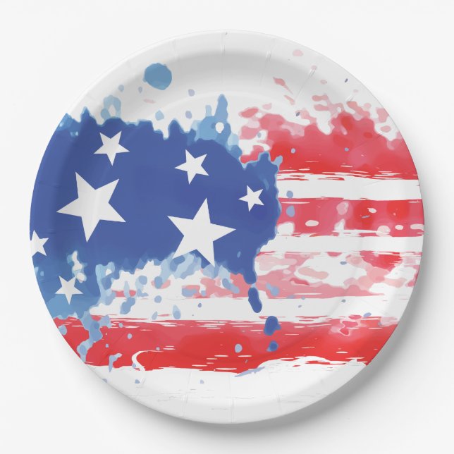 Prato De Papel Red White e Blue Paint Splatter American Flag (Frente)